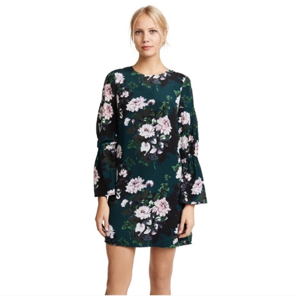 Club Monaco Sinai Dress 100% Silk Size 8 Forest Green Dahlia Pattern Bell Sleeve - Picture 15 of 16